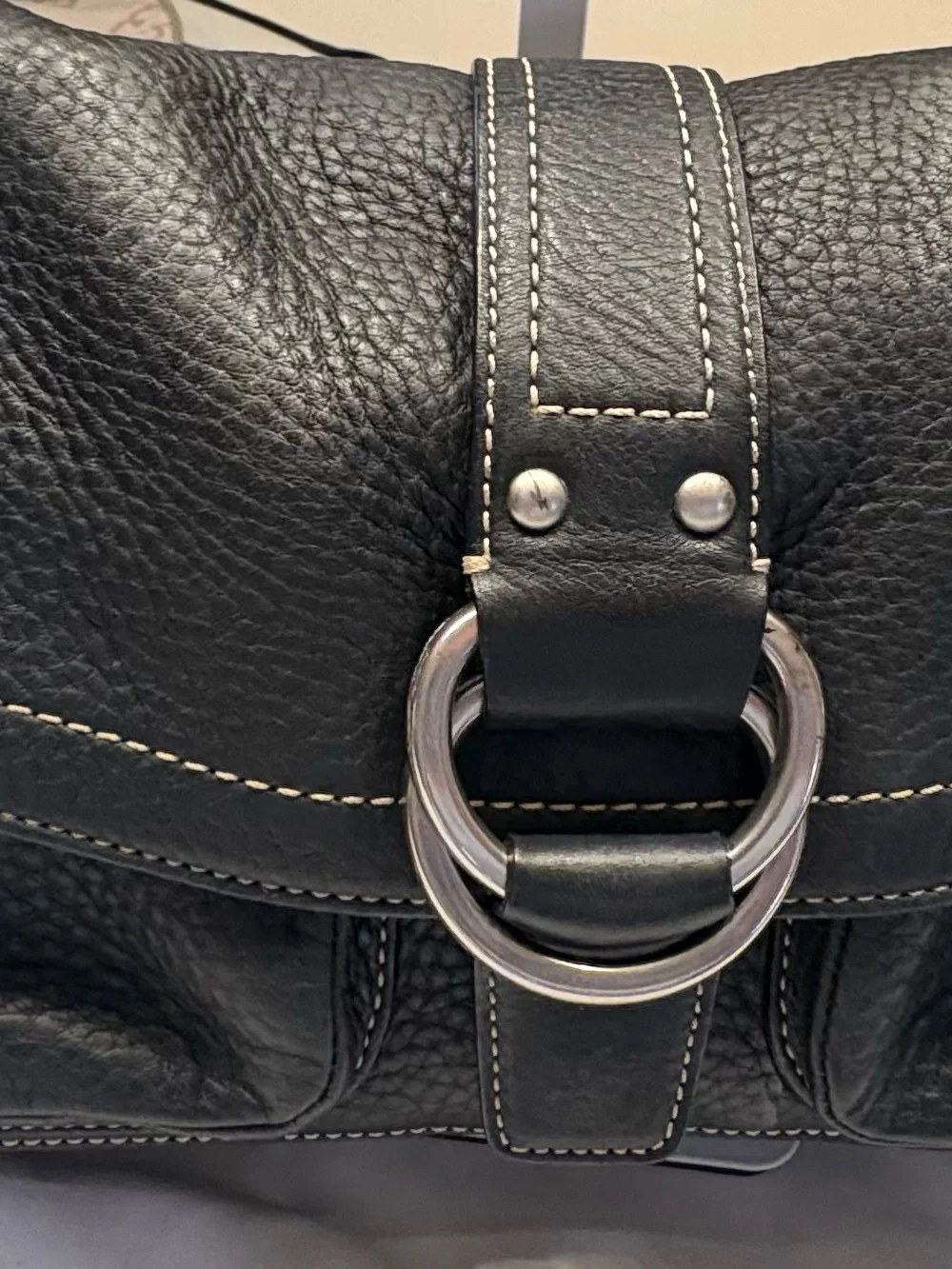 Coach Black Peddled Leather Shoulder Bag Silver White Stitch Detail
